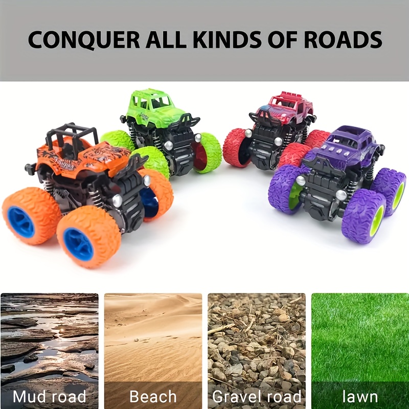 Monster Trucks for Boys, 4 Pack Pull Back Vehicles Cars for Toddlers, 360°  Rotation 4 Wheels Drive Durable Friction Powered Push and Go Toys Truck
