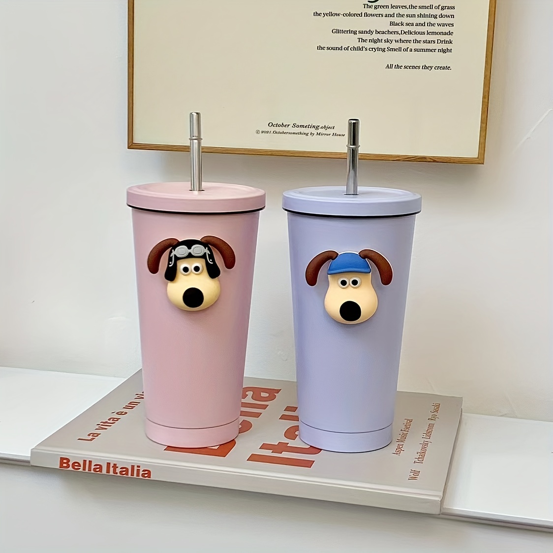 Cute Puppy Cartoon Warm Thermos Coffee Tea Steel Cup Kawaii Water Drink  Tumbler