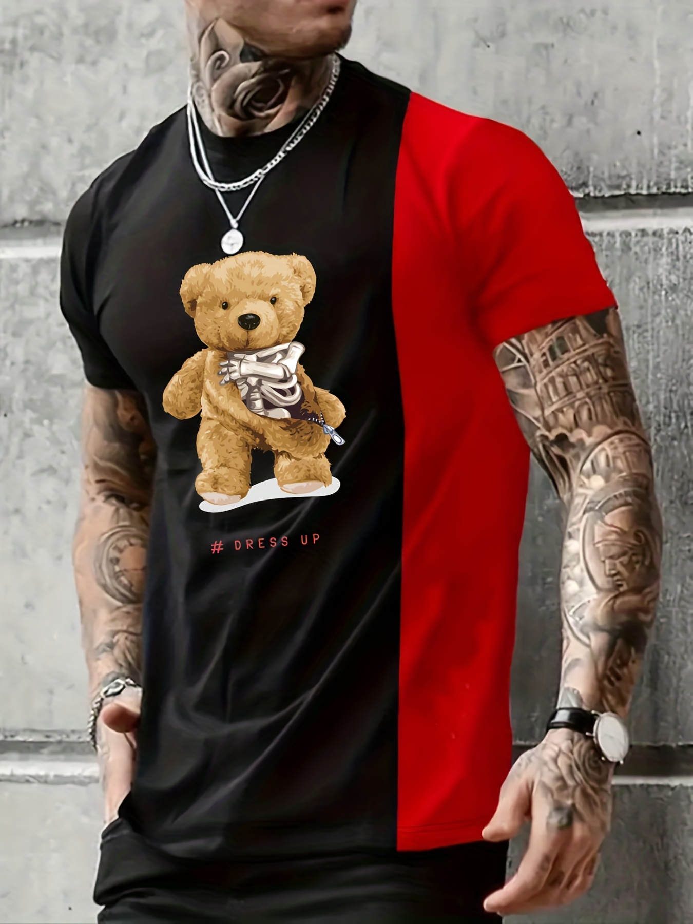 Teddy Bear & Skeleton Print, Men's Trendy Cotton T-shirt, Casual