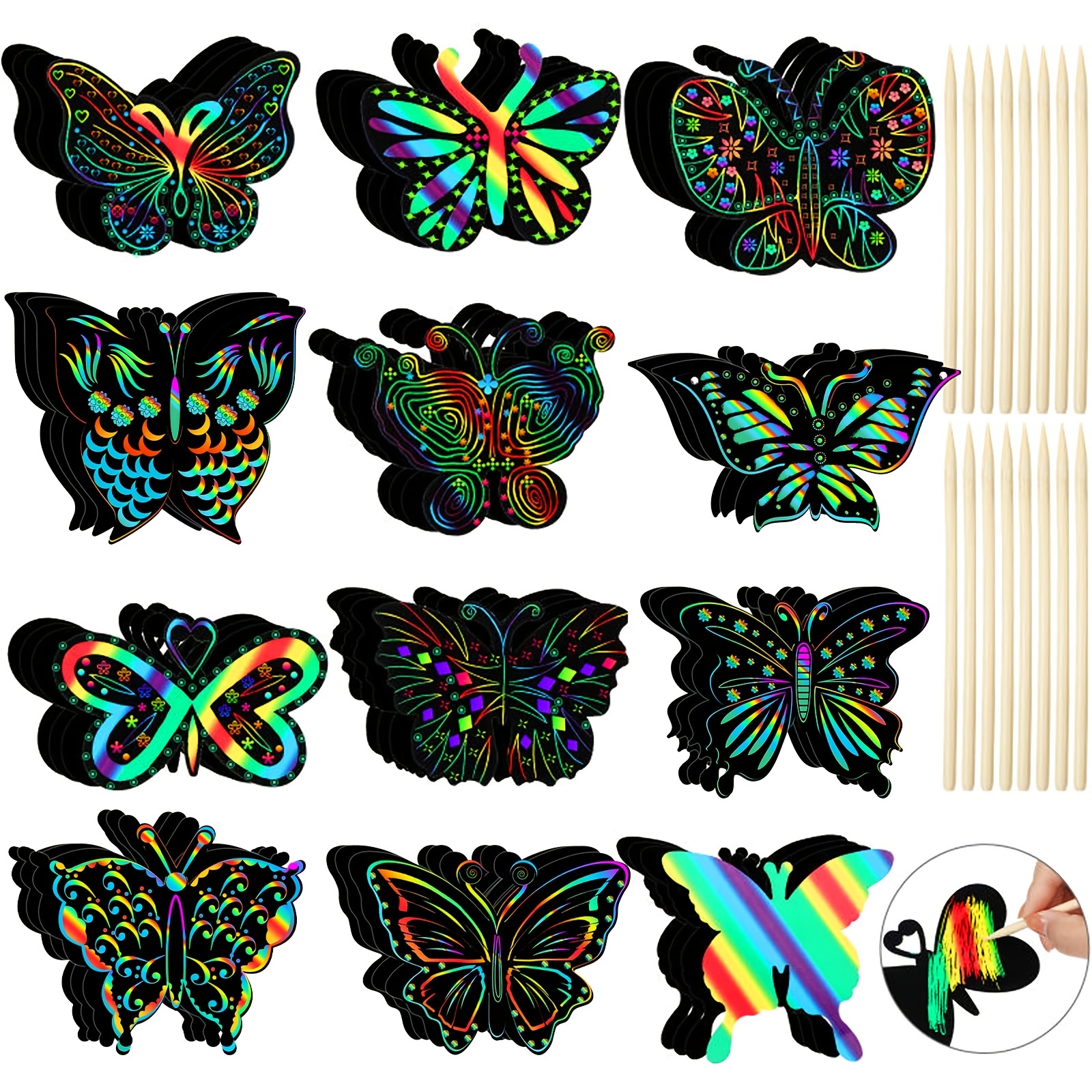 

48pcs Butterfly Scratch Cards Rainbow Spring Scratch Crafts 6/12 Styles Scratch Off Butterfly Party Favors For Diy Crafts Home Decoration Art Project Games, Bamboo Stylus Included