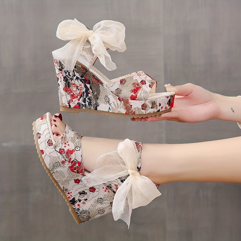 Women's Floral Print Wedge Sandals, Peep Toe Bowknot Platform Shoes,  Stylish Slingback High Heels