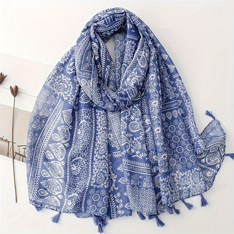

Blue Paisley Printed Scarf, Stylish Thin Breathable Tassel Shawl, Soft Cozy Cotton Linen Feeling Sunscreen Scarf For Women