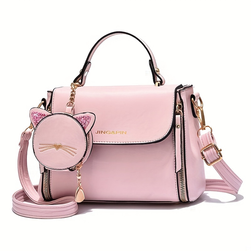 cute handbag with cat coin purse small zipper decor crossbody bag womens top handle square purse details 3