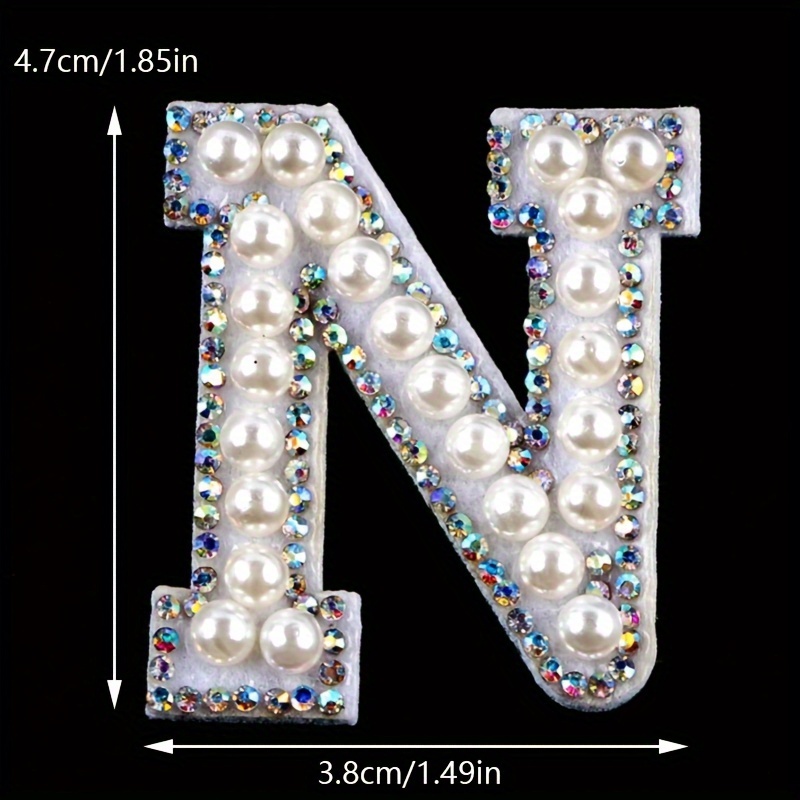26 Piece Pearl Iron on Letter Az White Rhinestone Pearl Bling Patch Glitter  Sew on Alphabet Applique English Letter for DIY Craft Supplies(White,1.85