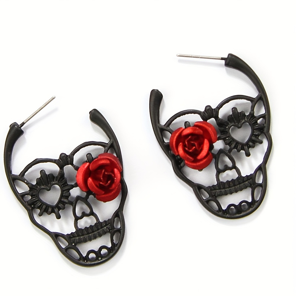 

1pair Retro Black Hollow Out Carved Red Rose Skull Stud Earrings, Holiday Couple Gift