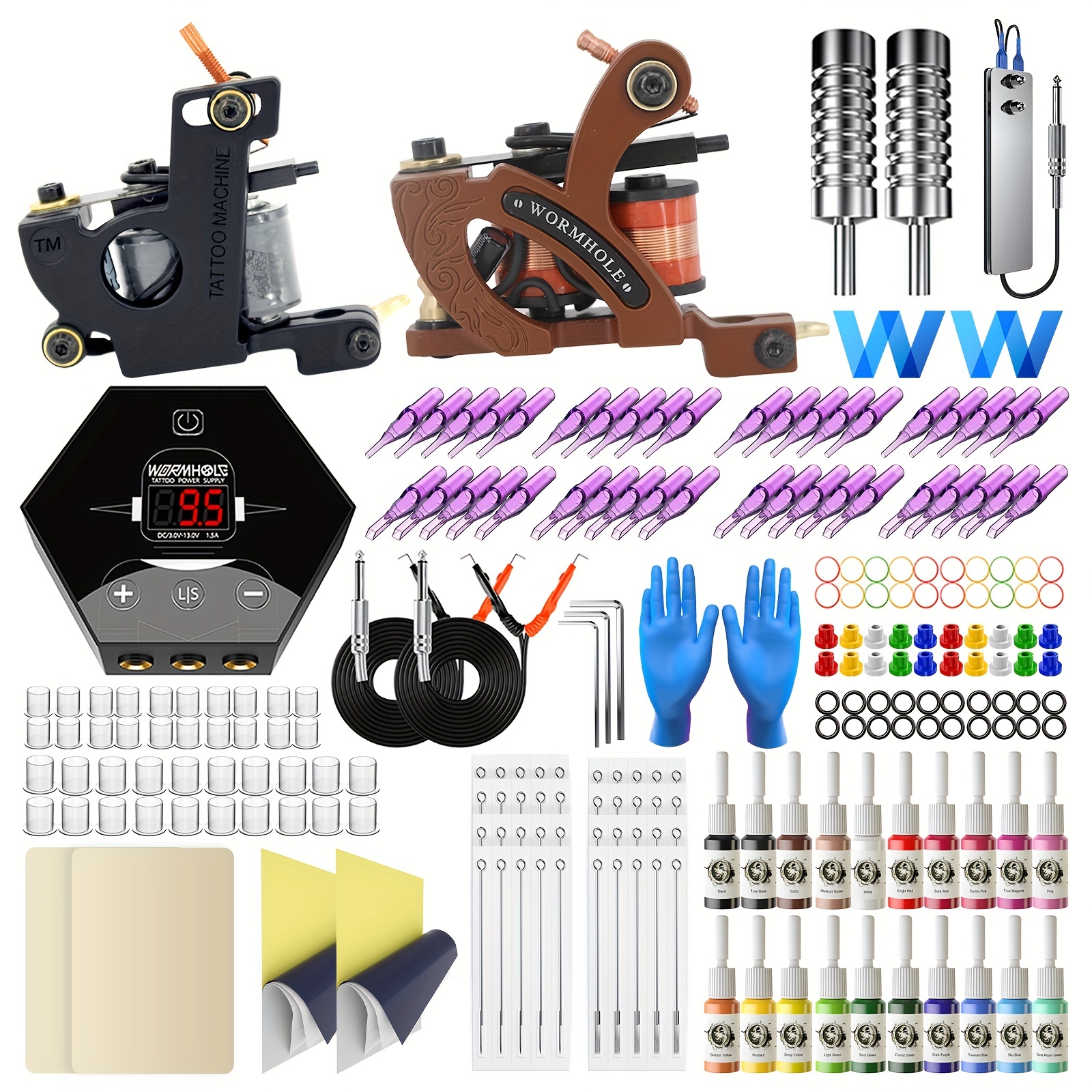 Wormhole Tattoo Gun Tattoo Kit Tattoo Machine Kit Complete Tattoo Pen Kit  with Tattoo Power Supply Tattoo Ink Tattoo Supply for beginners and Tattoo