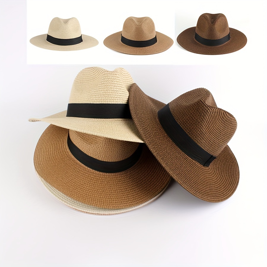 Classic Solid Color Straw Hats Unisex Summer Panama Hats - Temu Canada