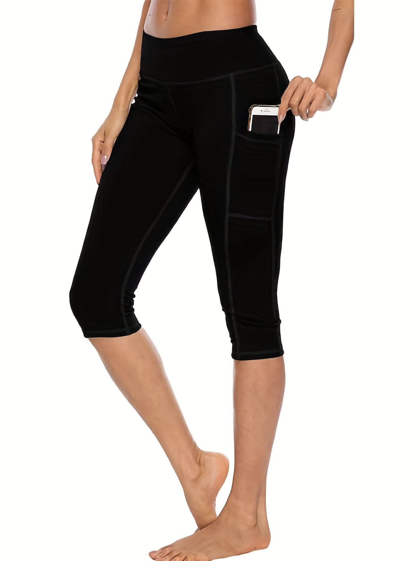 Solid Color Yoga Capri Pants Pocket Workout Sports Capri - Temu