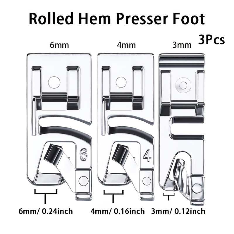 3 Piece Narrow Roll Hem Sewing Machine Foot Set (3mm, 4mm & 6mm) For All  Low Shank Snaps Singer, Brother, Babylock, Euro-pro, Janome, Kenmore, White