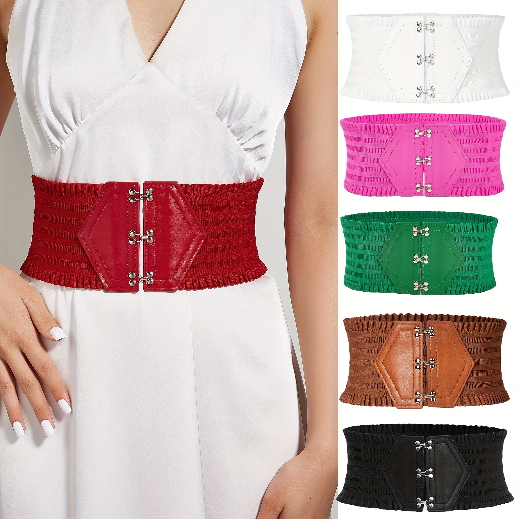 Women Elastic Waist Seal Button Decoration Wide Belt Dresses Round Buckle  Belts