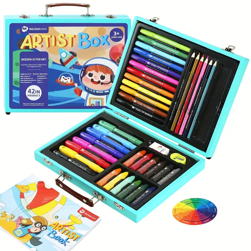 Meeden Art Set For Students, Blue Little Elephant Set (mat) Students Drawing  Set With Portable Wooden Box, Coloring Book, Silky Crayons, Oil Pastels,  Colored Pencils & Painting Art Supplies, Art Kit For