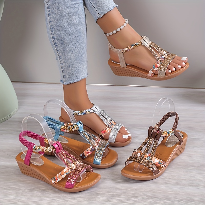 

Women's Boho Wedge Sandals, Rhinestone Braided Band Elastic Strap Slip On Shoes, Versatile Outdoor Beach Sandals For Holiday