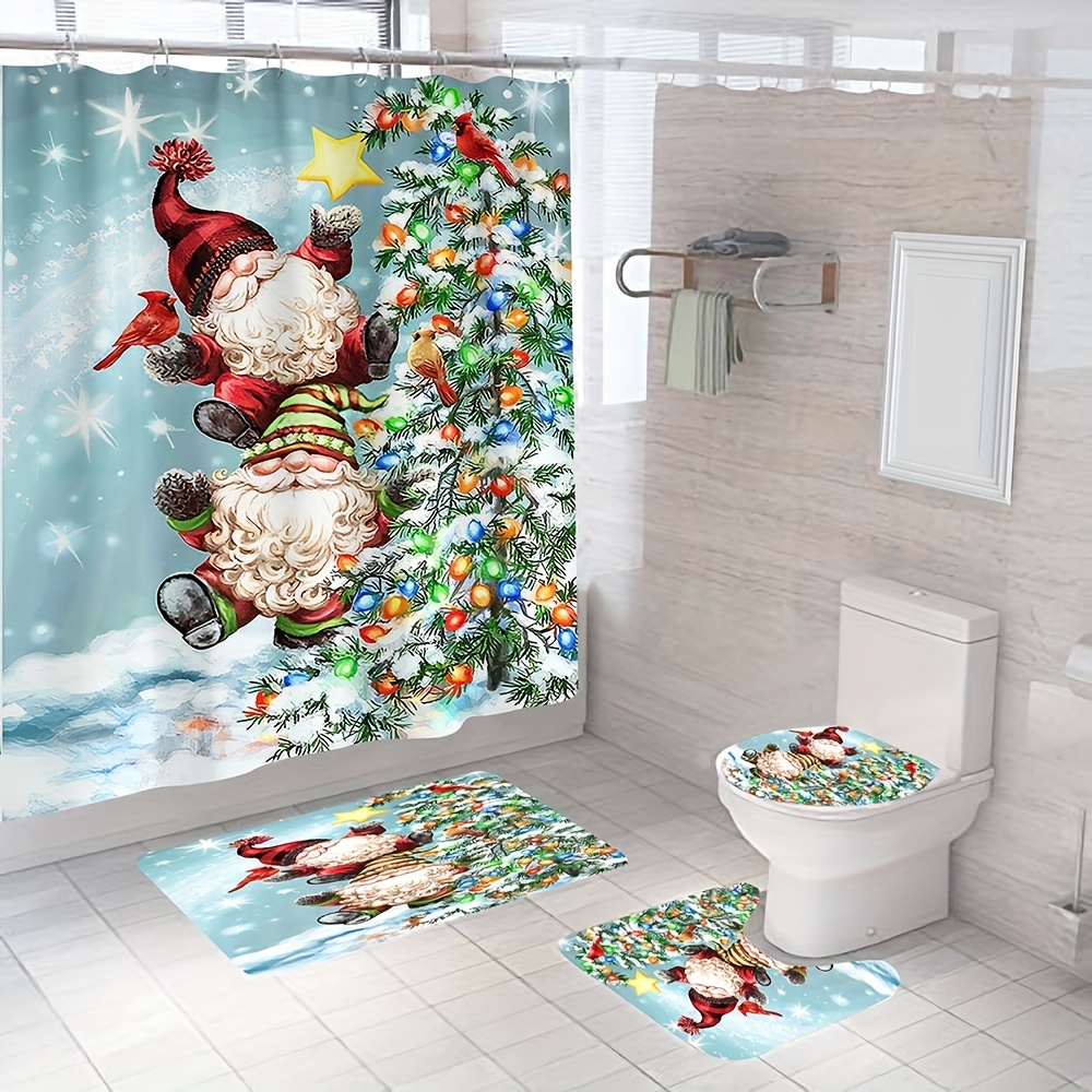 Santa On Sled Pattern Bathroom Set, Waterproof Mildew Resistant Shower  Curtain With 12 Plastic Hooks, Non-slip Bathroom Floor Mat, Toilet U-shaped  Mat, Toilet Lid Mat, Bathroom Christmas Decorations, Bathroom Accessories -  Temu