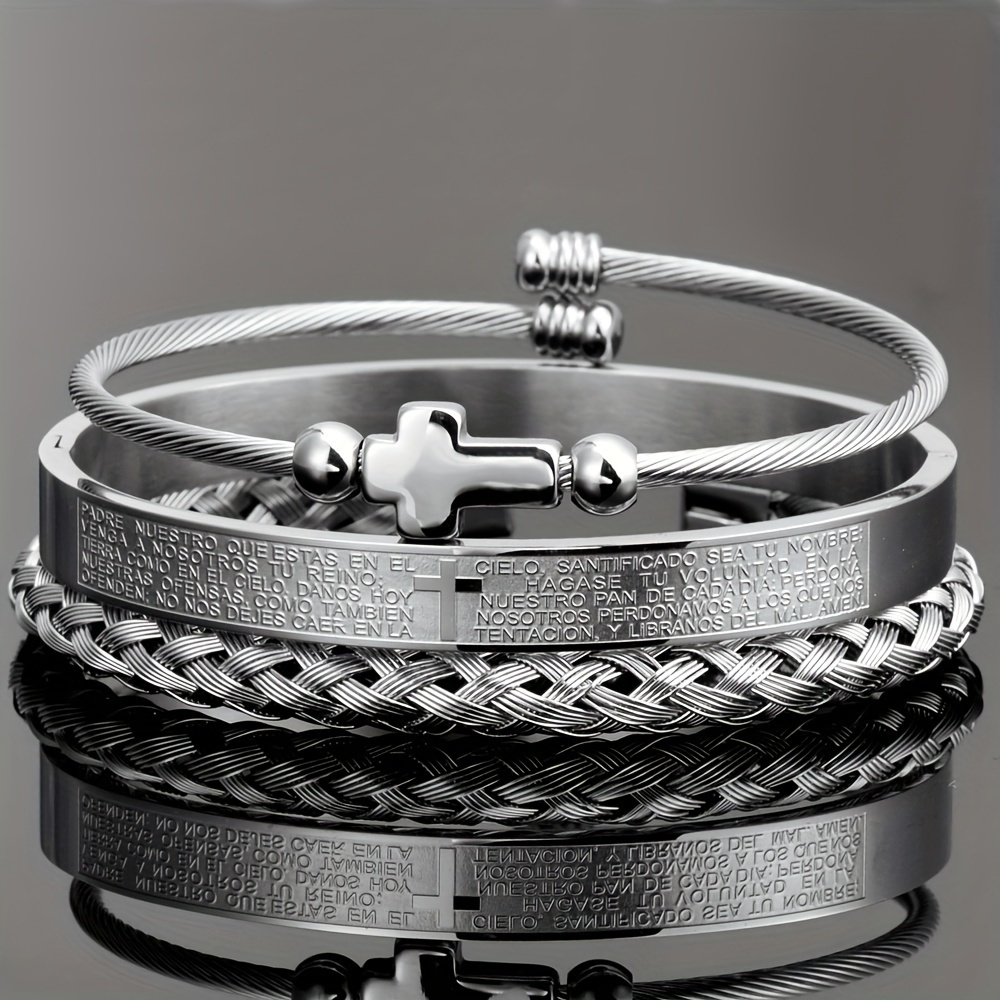 3pc Cross Bangle Stainless Steel Braided Elastic Bangle Set