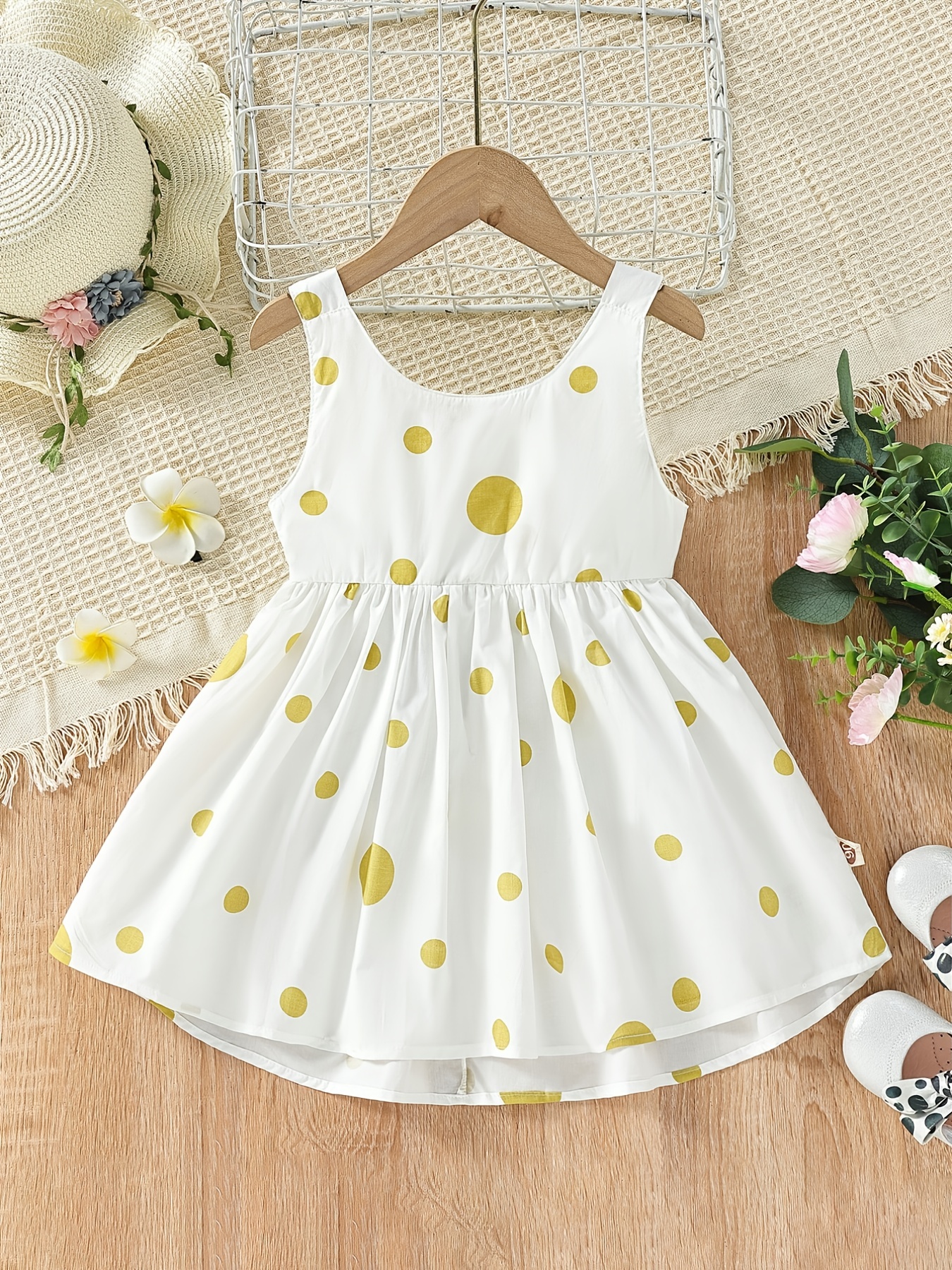 girls white sleeveless summer dress red polka dots pink bow Temu