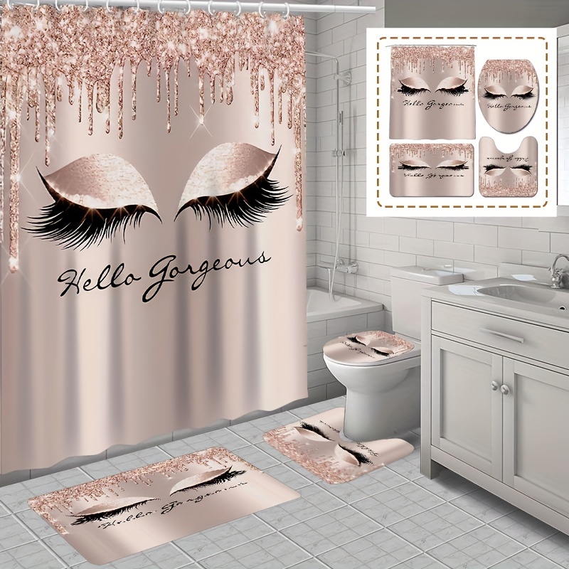 3 4pcs Rose Eyelash Shower Curtain Bathroom Mat Set