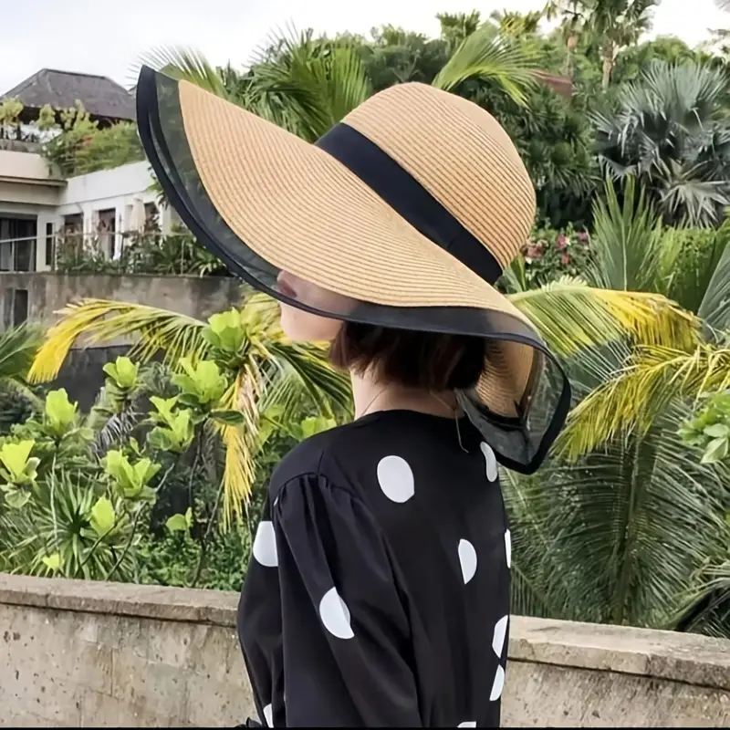 Large Brim Sunscreen Straw Hat With Mesh Trim Hepburn Style - Temu