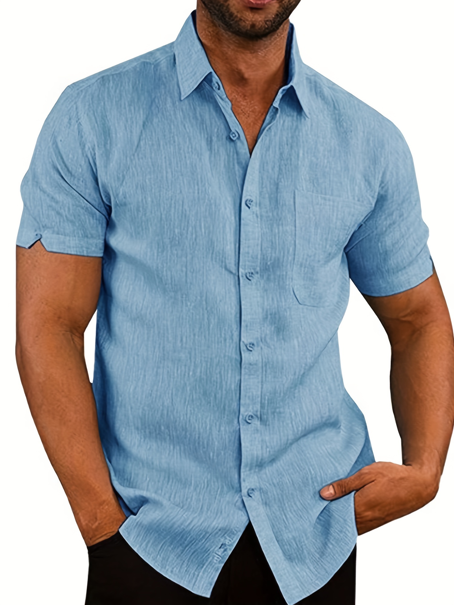 Lapel Neck Short Sleeve Non-Stretch Shirt, Men's Casual Summer Classic Solid Color Shirt Vacation Resort Shirt,Men Dress Shirts,Temu