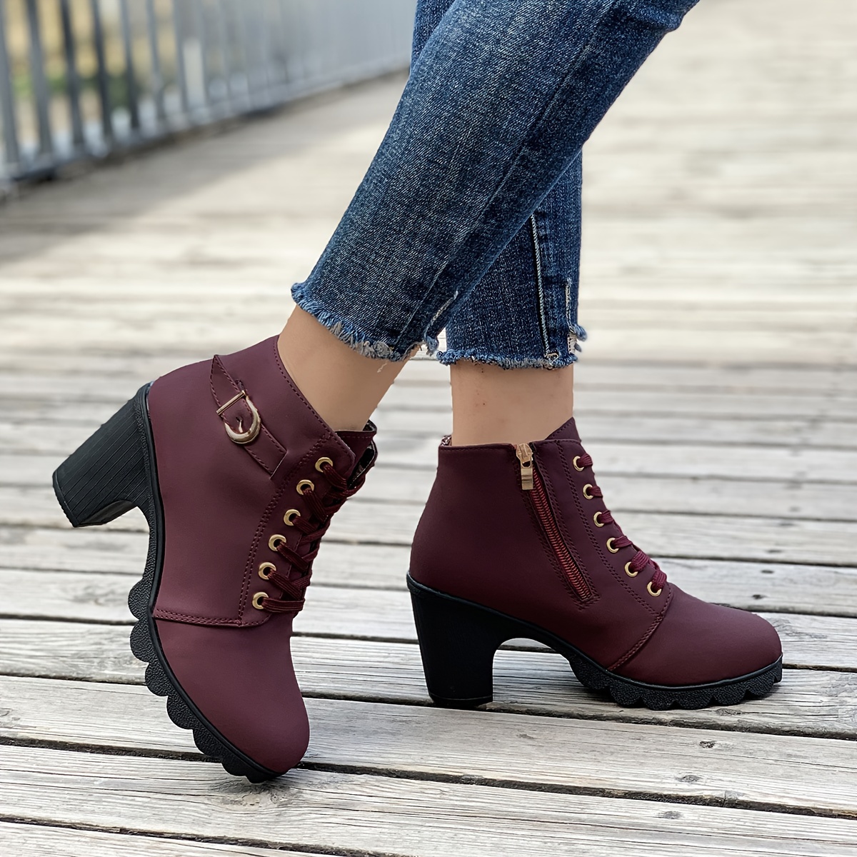 Women's Chunky Heeled Ankle Boots Solid Color Side Zipper - Temu Canada