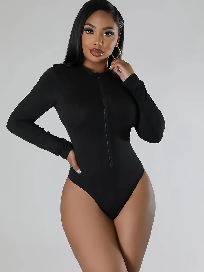 Solid Color Zip-up Bodysuit, Sexy Long Sleeve One Piece Bodysuit, Women's  Clothing