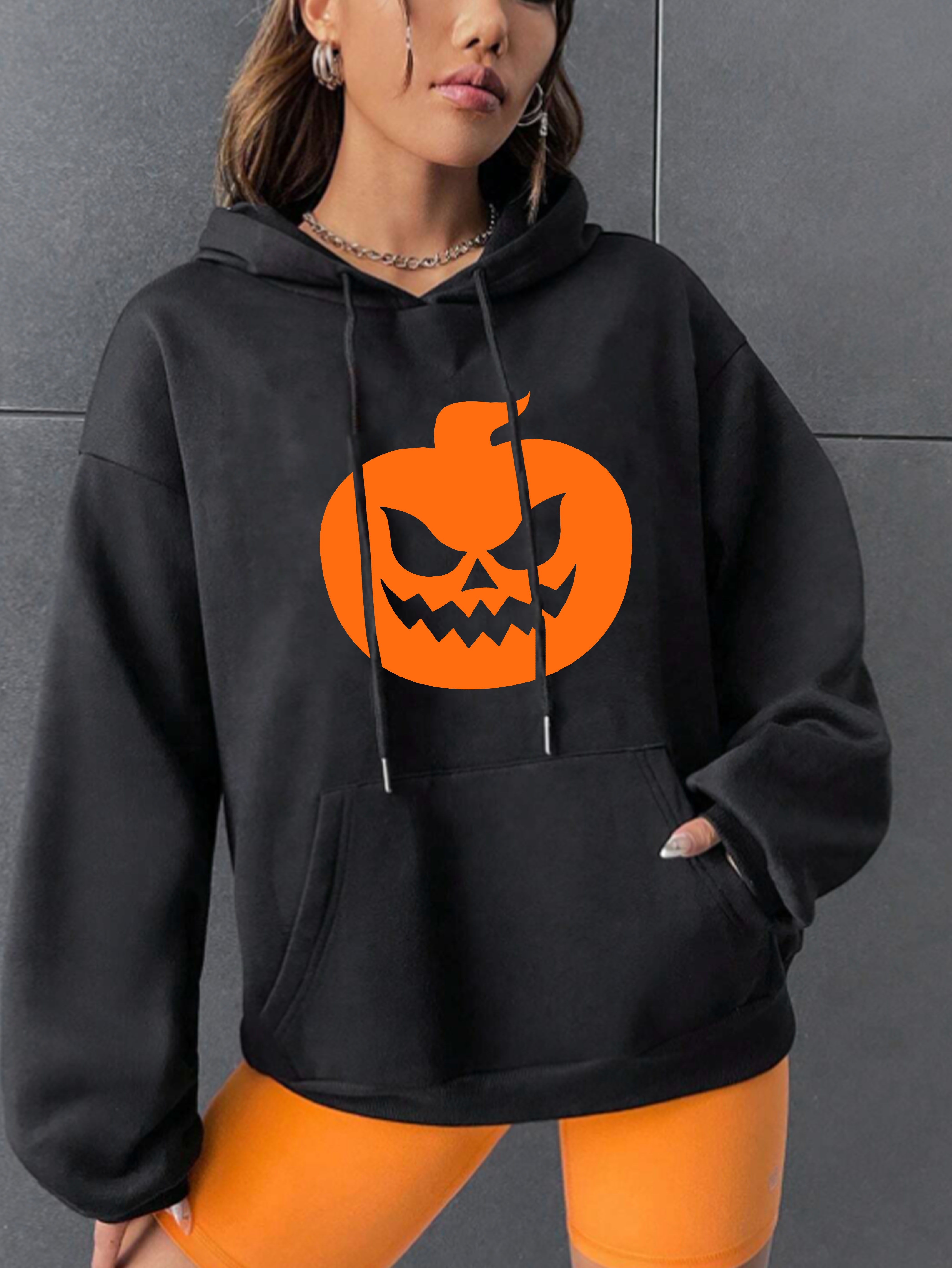 Halloween Hoodie Mit Spooky Face Patchwork Print - Gruseliger Kapuzenpullover Für Frauen | Langarm