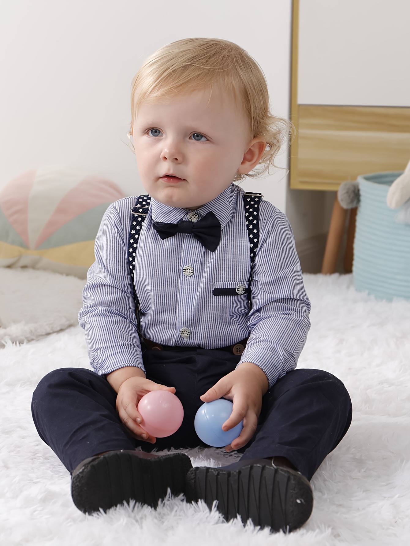 Mini Gentleman Toddler Boy 2pcs 100% Cotton Solid Stand Collar Short-sleeve Blue Shirt Top and Shorts with Suspenders Set