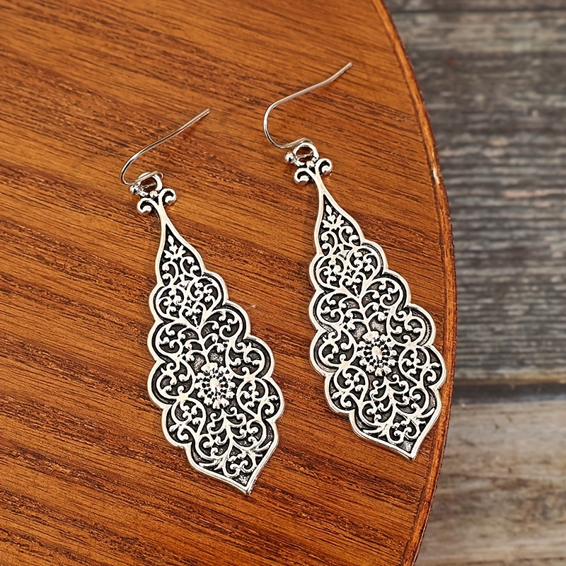 silvery vintage carved pattern dangle earrings retro ethnic style alloy jewelry delicate gift for women girls daily casual 5