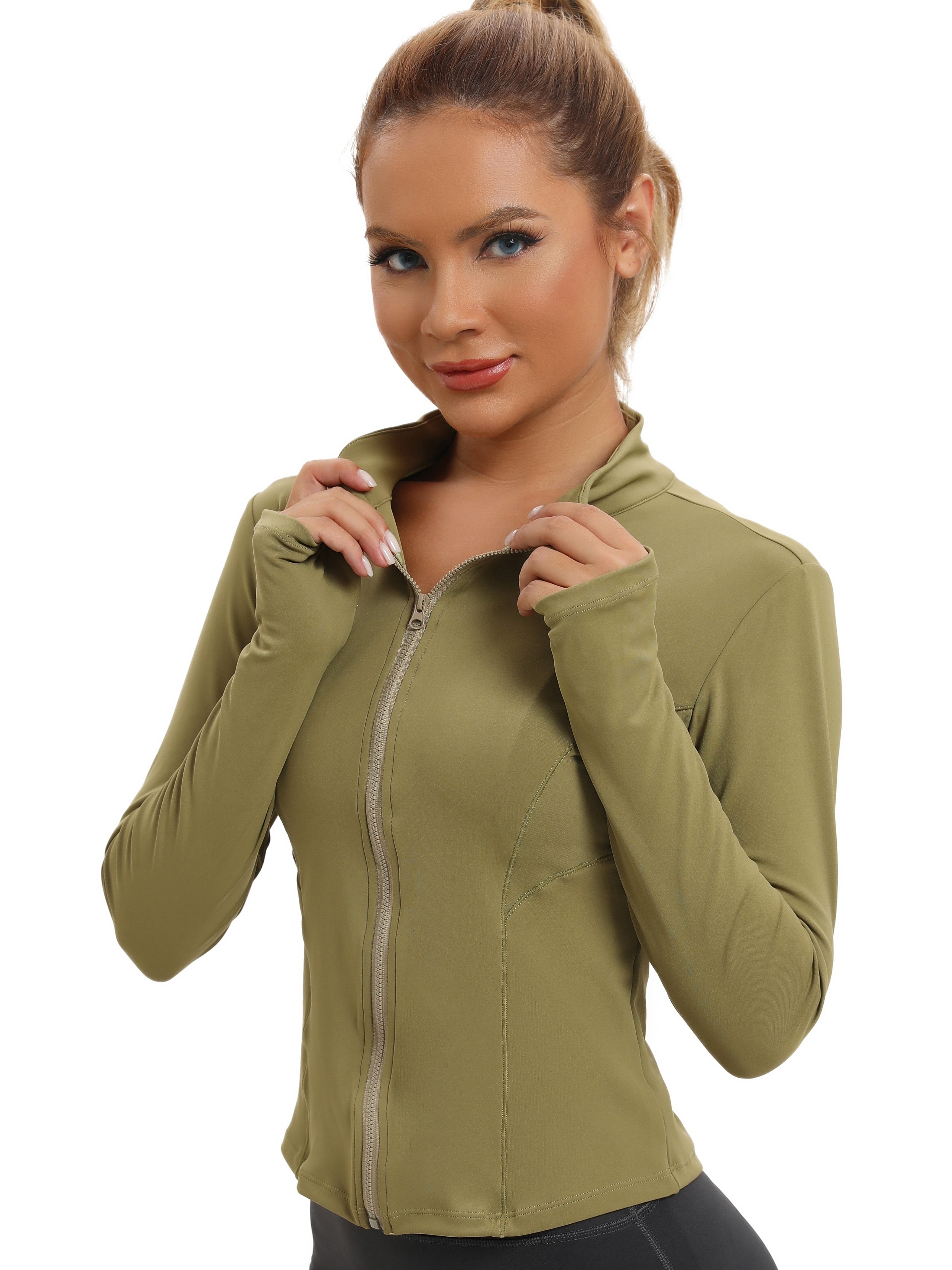 Women's Long Sleeve Sports Zipper Crop Top Thumb Hole Solid - Temu