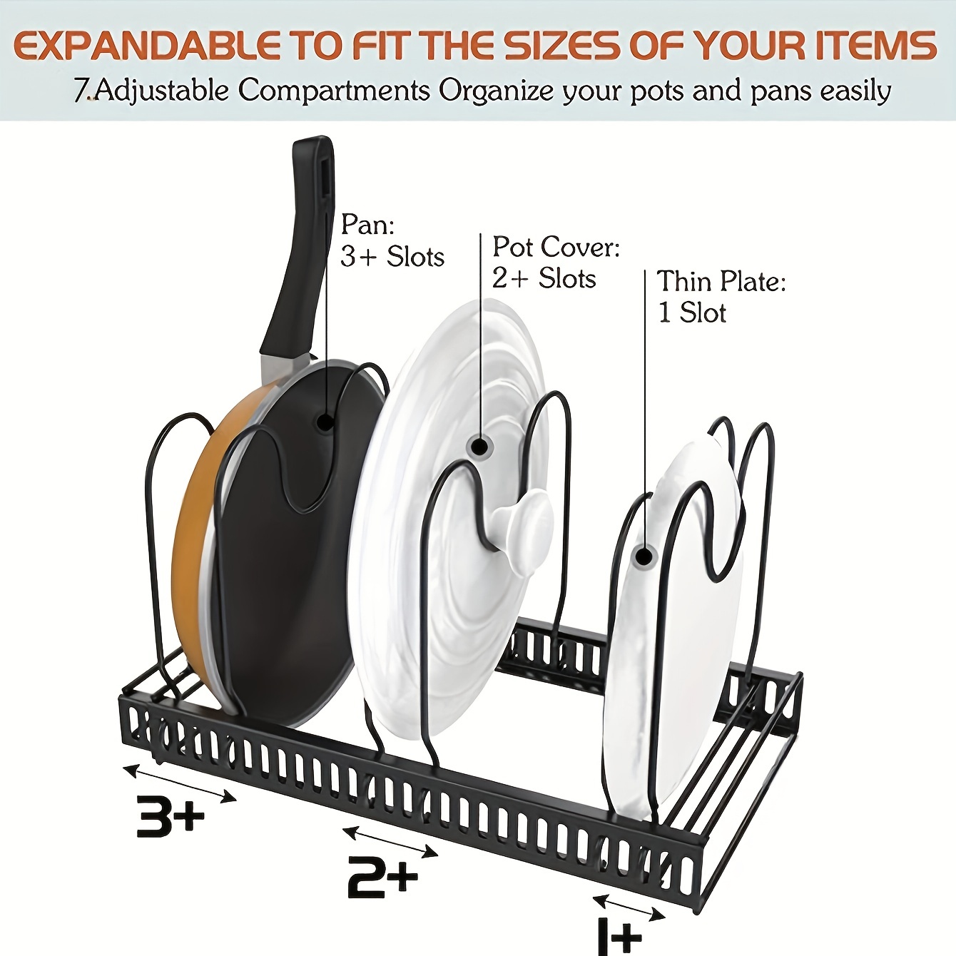 JULY HOME Expandable Pot and Pan Organizer Rack for Cabinet, Pot Lid  Organizer Holder with 7 Adjustable Compartments, Cutting Board, Cookware