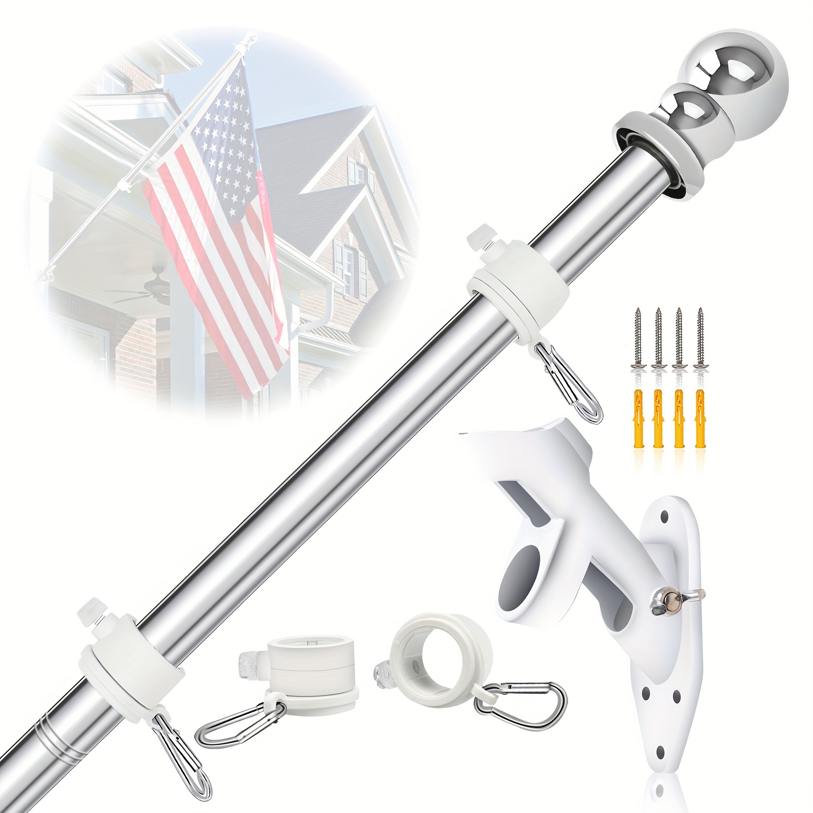 

1 Set Flagpole Kit For Outside House Stainless Steel Wall Mounted Flag Poles With Bracket & Flag Mounting Rings For Porch Yard Garden Outdoor Residential Or Commercial Silvery (no Flag) 5ft