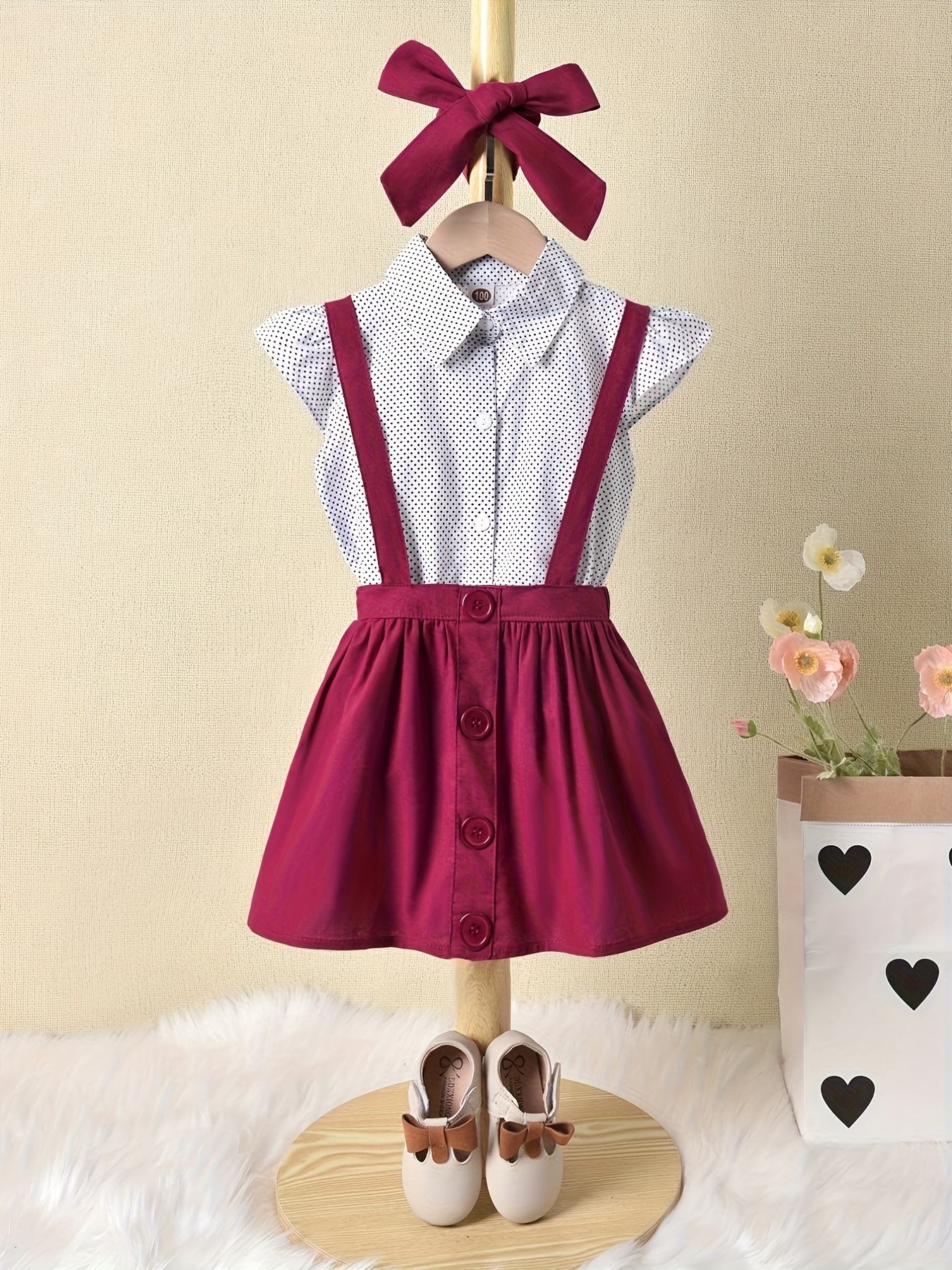 2pcs Toddler Girl Ruffled Long-sleeve Burgundy Tee and Plaid Button Design Suspender Skirt Set