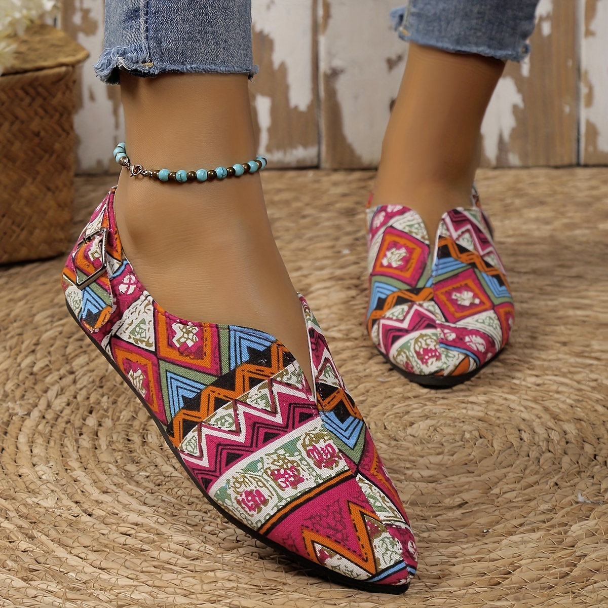 Women's Floral Print Flat Shoes, Tribal Style Ankle Strap Slip On Shoes ...