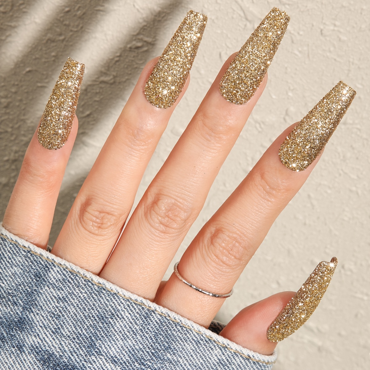Gold Fake Nails Coffin Press on Nails Long False Nails with Glitter Design  Gold Nail Tip French Tip Press on Nails Glossy Acrylic Nails Full Cover