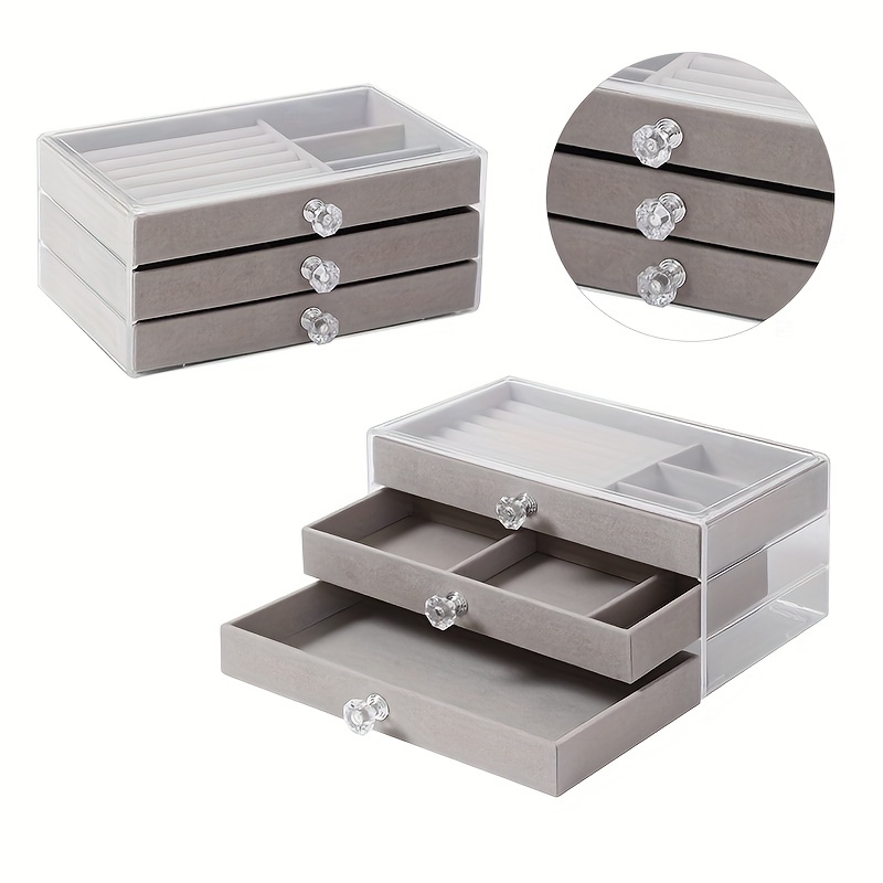 Multi-grid Velvet Jewelry Box For Rings Studs Earrings Display And Storage,  Jewelry Display Tray Drawer/desktop Organizer For Various Accessories, Grey  - Temu