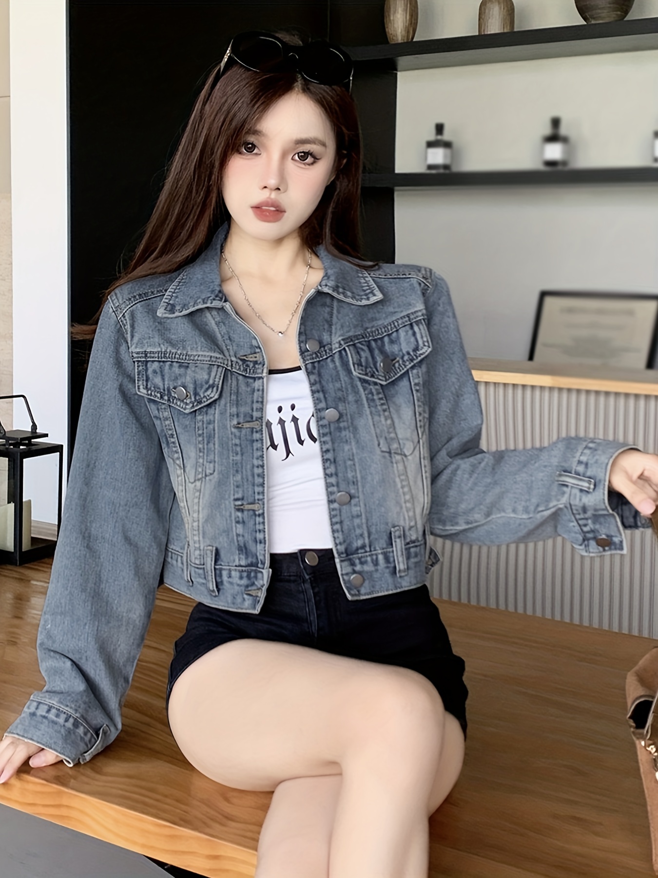 Cropped stretch cheap denim jacket