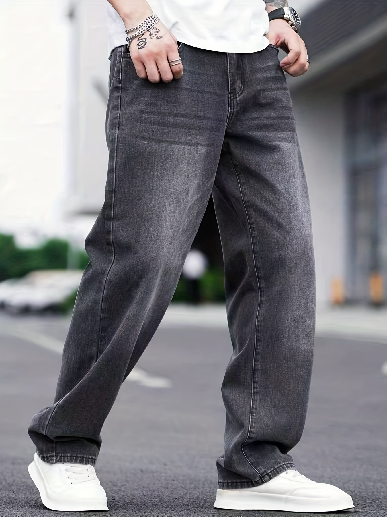 Loose Fit Wide Leg Jeans Men's Casual Distressed Denim Pants