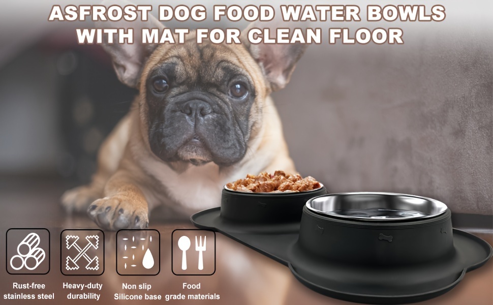 AsFrost Dog Food Bowls Stainless Steel Pet Bowls & Dog Water Bowls with  No-Spill and