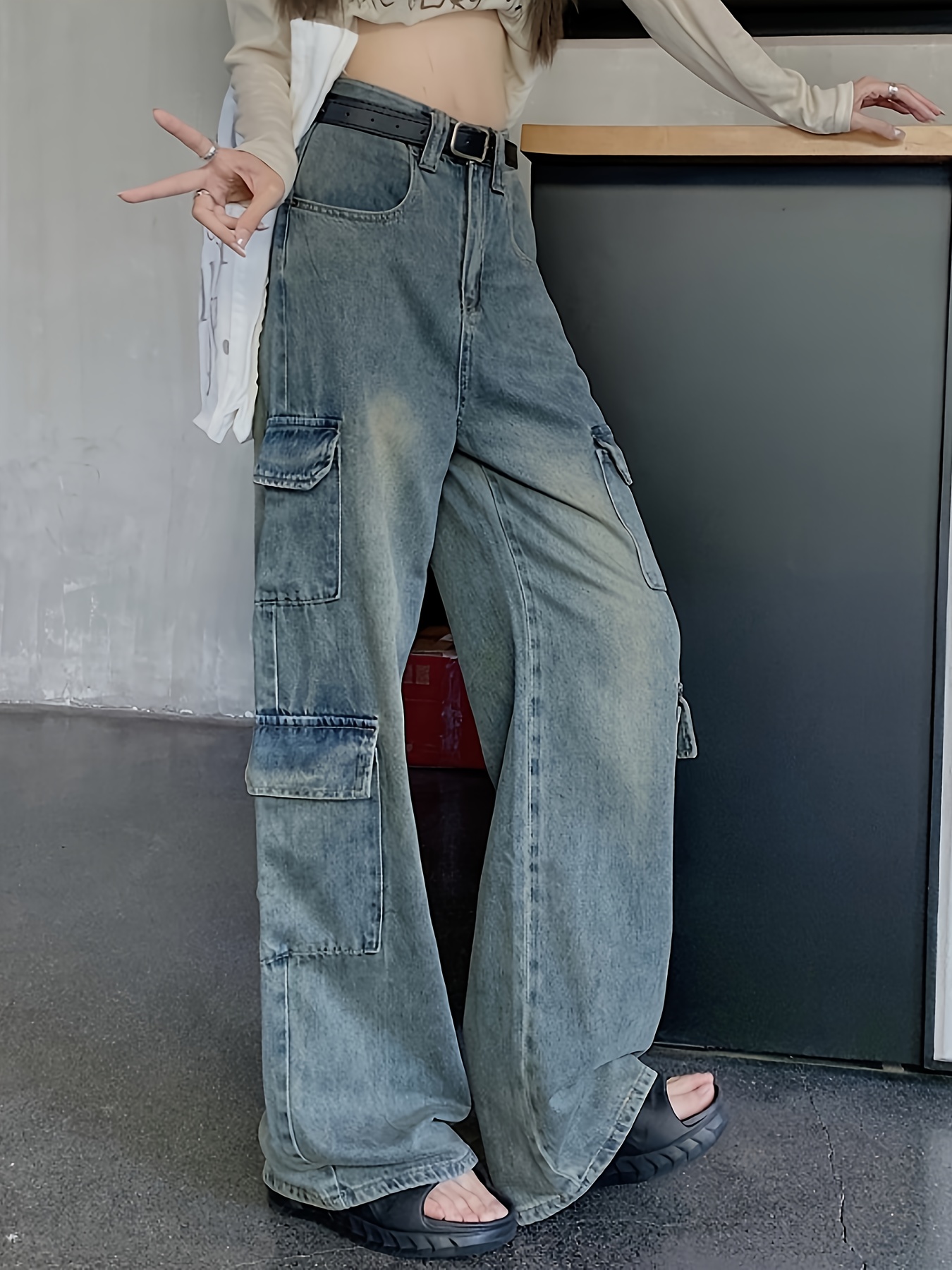 High Waist Baggy Jeans, Flap Pocket Streetwear Vintage Denim Cargo Pants,  Women's Denim Jeans & Clothing