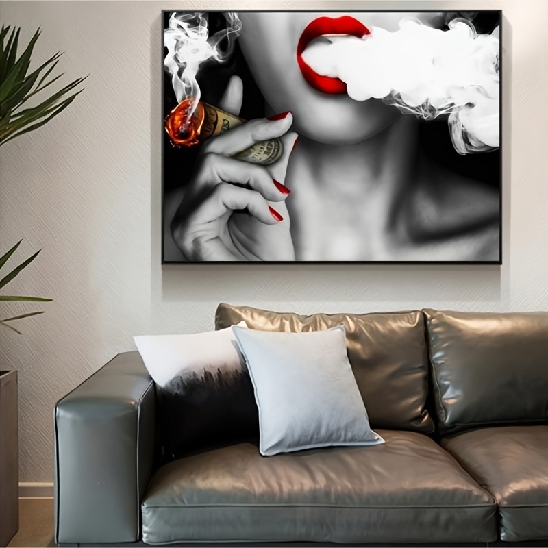 Canvas Wall Art Poster Red Lips Smoking Woman Canvas Painting Print Wall  Picture