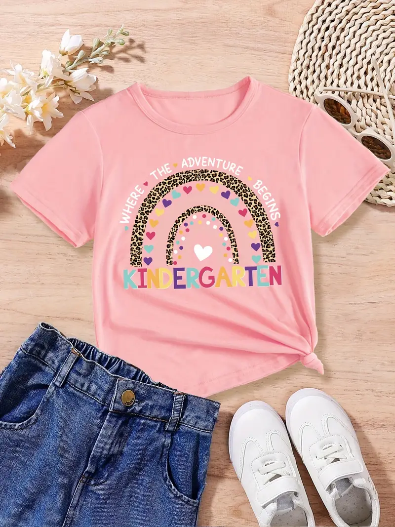 Toddler Girls''kindergarten'' Rainbow Graphic T shirt - Temu