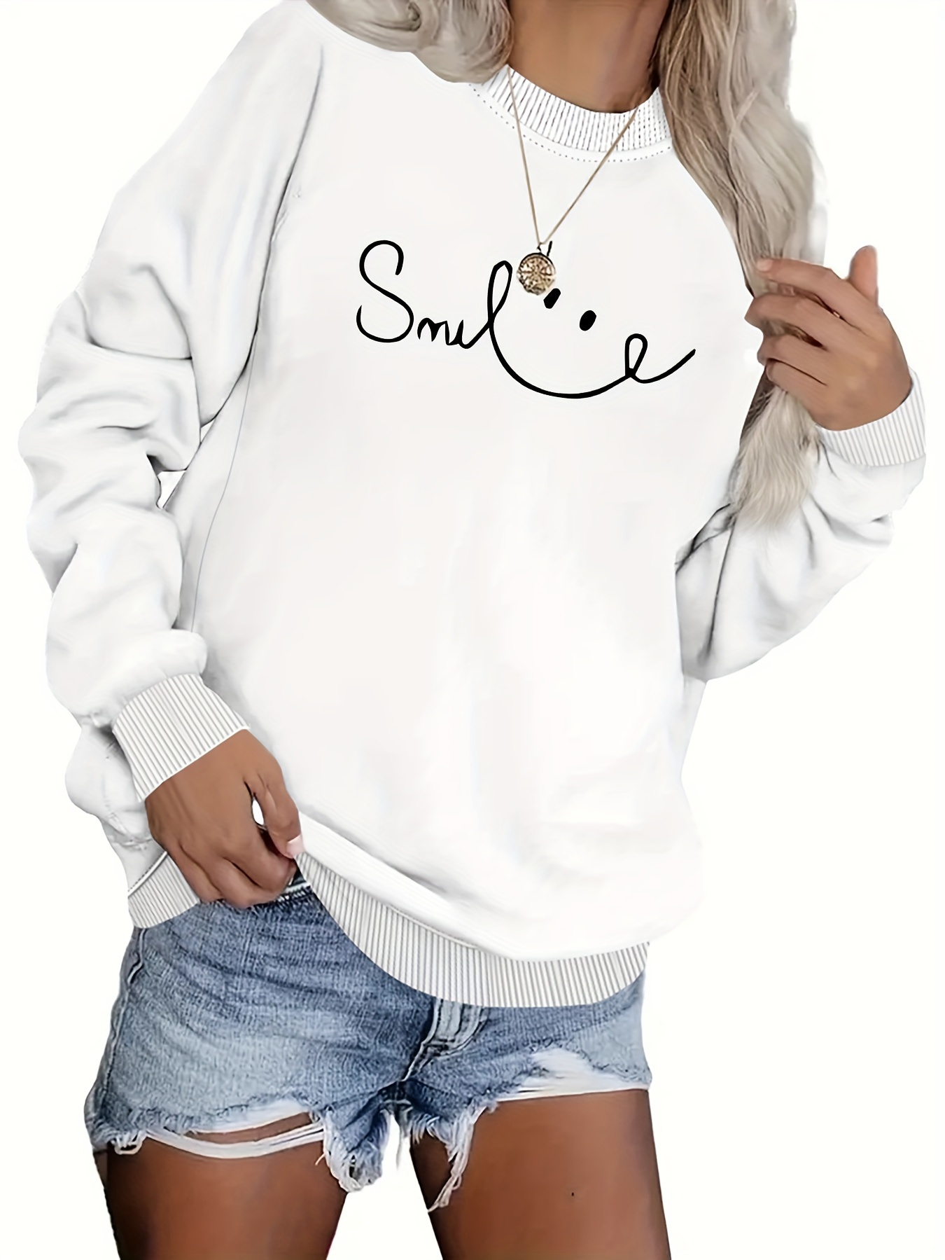 nsendm Womens Sweatshirt Adult Female Clothes Dressy Sweatshirt Women  Women's Fashion Tops Shirts Letter Print Long-sleeved O Neck O Neck Warm  Casual Long White Size L 