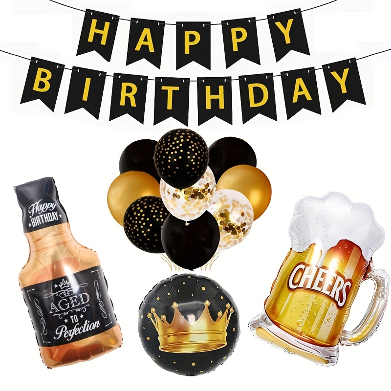 Black Gold Birthday Party Decorations Set Happy Birthday Confetti Balloons  With Banner,crown Balloons,champagne Foil Balloons,beer Cup Balloons For Me