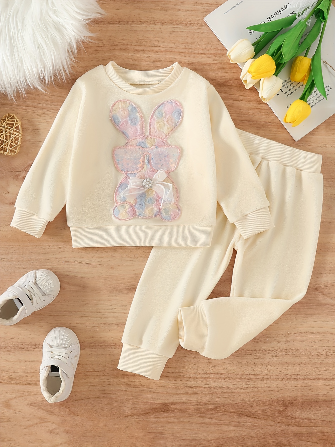 2pcs Baby Girl Rabbit Design Pink Long-sleeve Crop Hoodie and Mesh Skirt Set