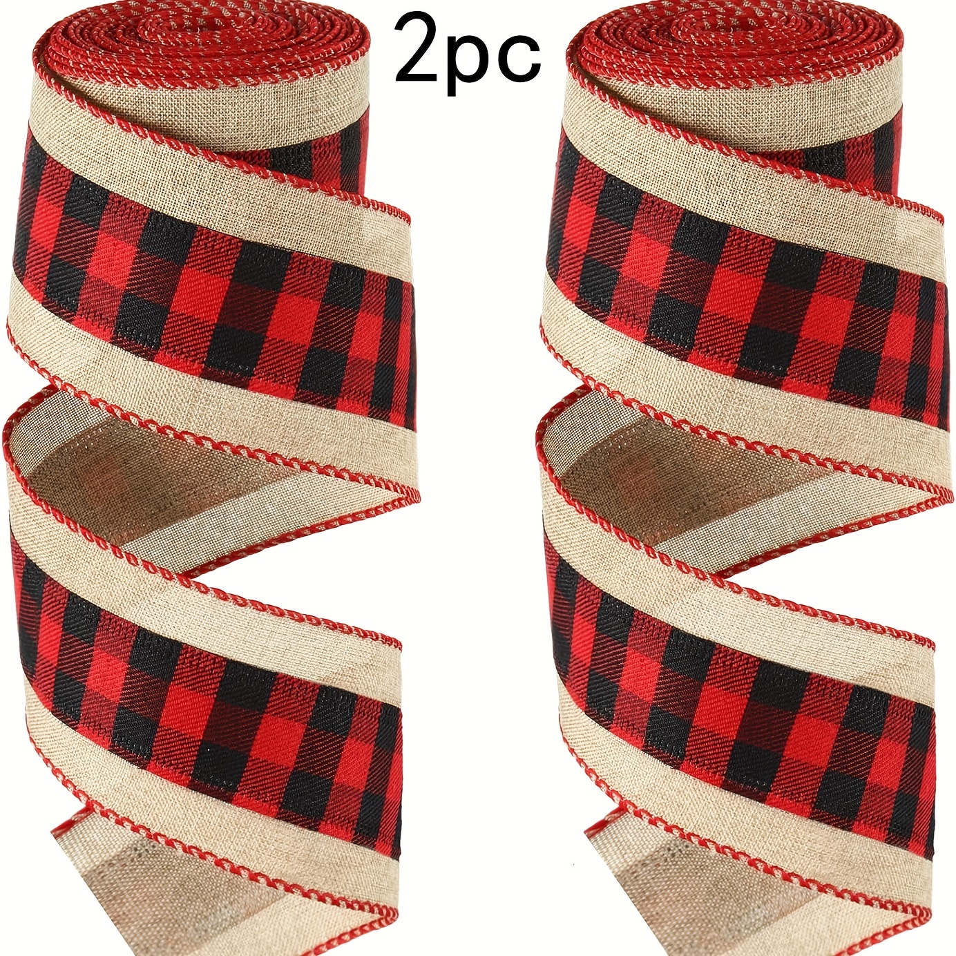 Decorative checkered ribbon - red, cream, gold - width 2.5 cm 