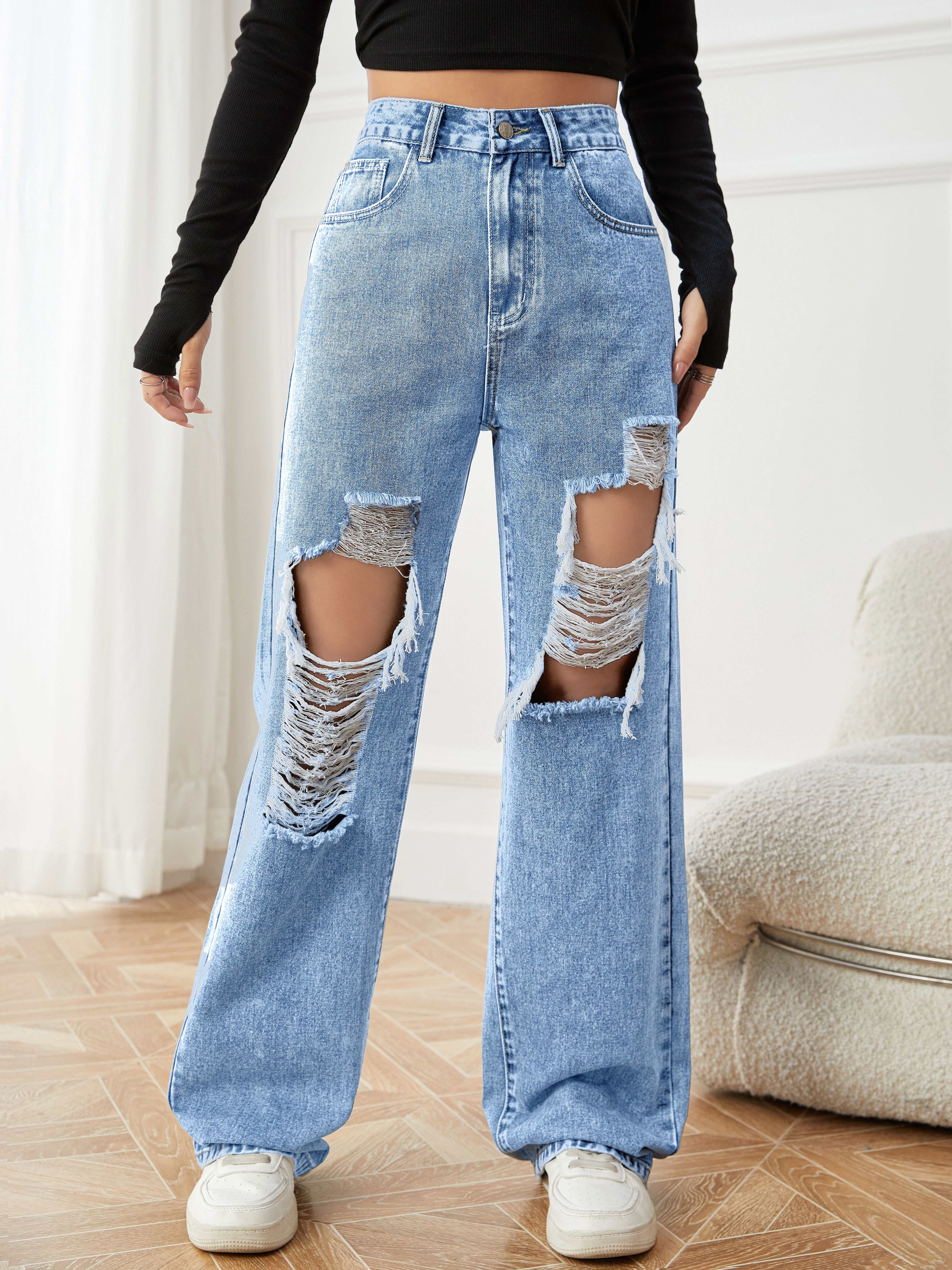 Women High Waisted Baggy Ripped Jeans Fashion Large Denim Pocket Elastic  Jeans