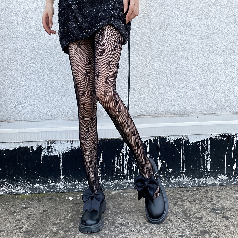 Letter Moon Print Fishnet Tights Hollow High Waist Mesh - Temu