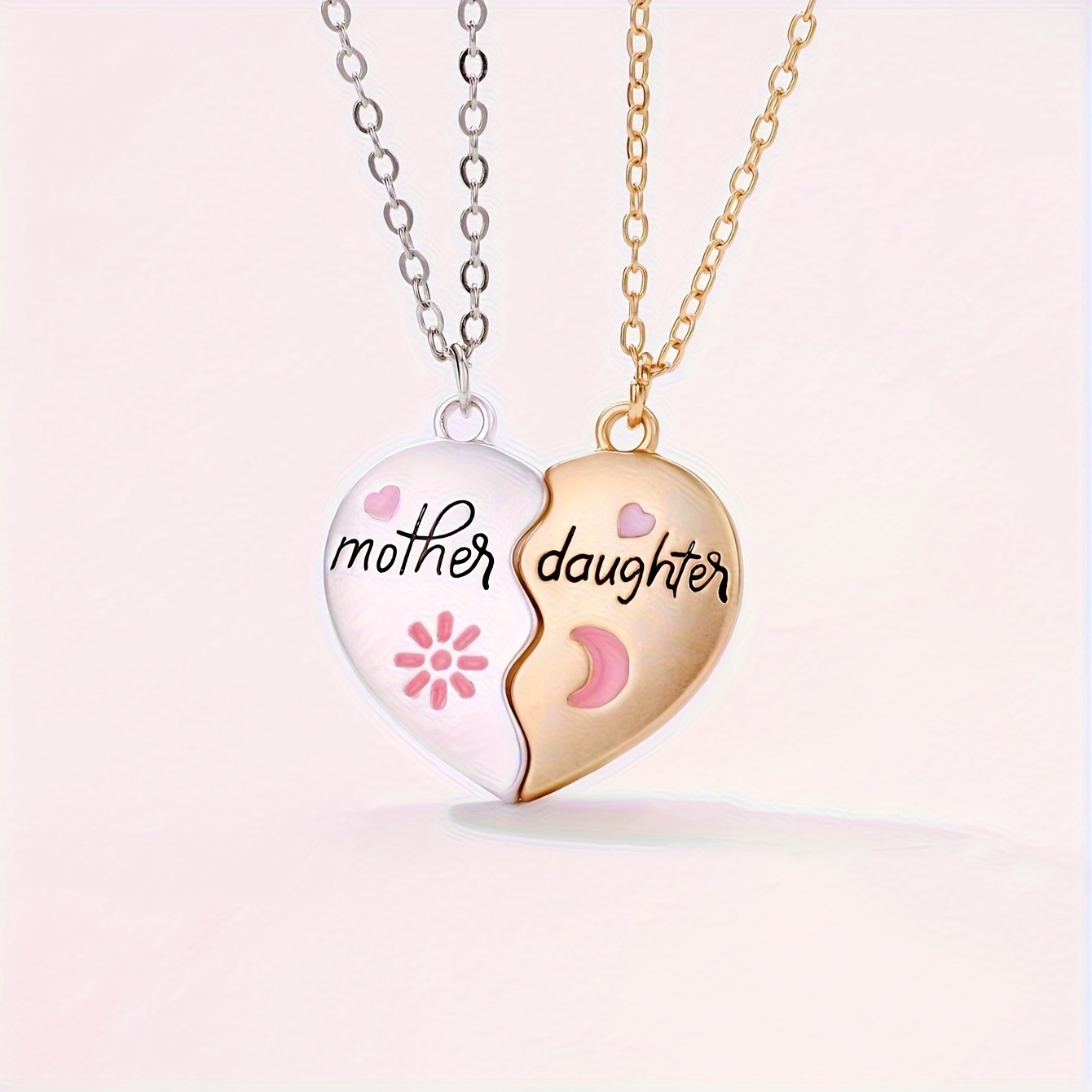 

2pcs Sun & Moon Decor Matching Heart-shaped Pendant Necklace Set, Zinc Alloy Enamel Jewelry Set For Mom & Daughter, Mother's Day Jewelry Gift, Birthday Gift