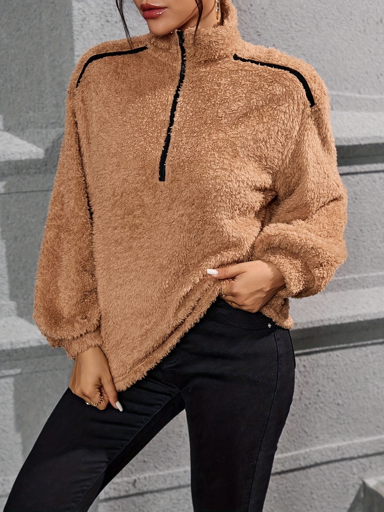 Ollysqiar Winter Coats for Women,Women's Long Sleeve Casual Solid Color  Zipper Pullover Sweatshirt Loose Cute Print Shirt