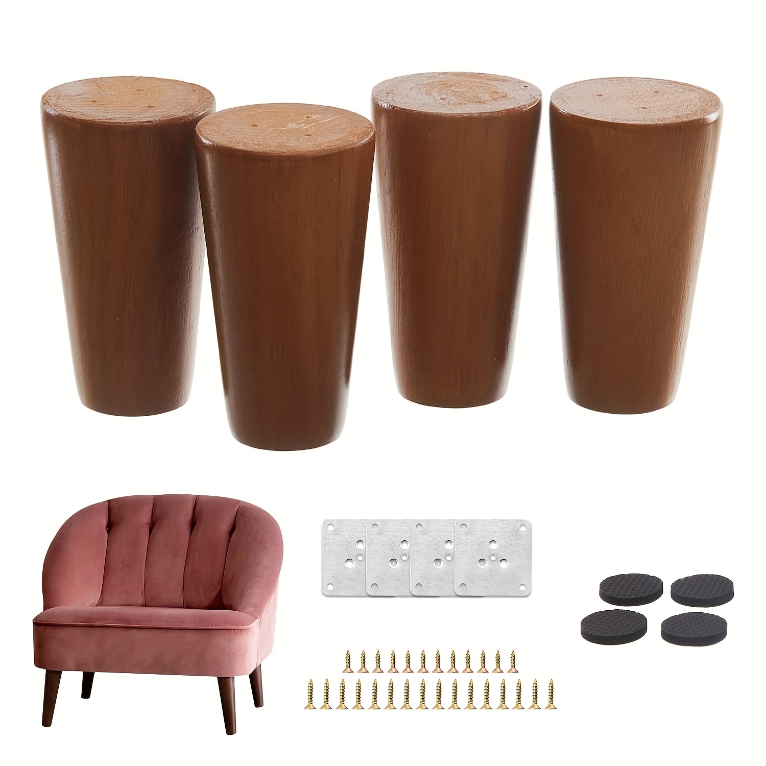 10.16cm/15.24cm Patas de muebles, juego de 4 piezas con placa de montaje,  pies de madera maciza de repuesto, utilizados para sofás, sillones, butacas