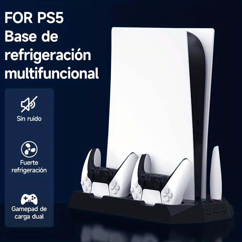  Soporte delgado para PS5 con estación de enfriamiento y  estación de carga para controlador PS5 Slim Console Disc/Digital, para  accesorios PS5, ventilador de refrigeración, luz RGB, soporte para :  Videojuegos